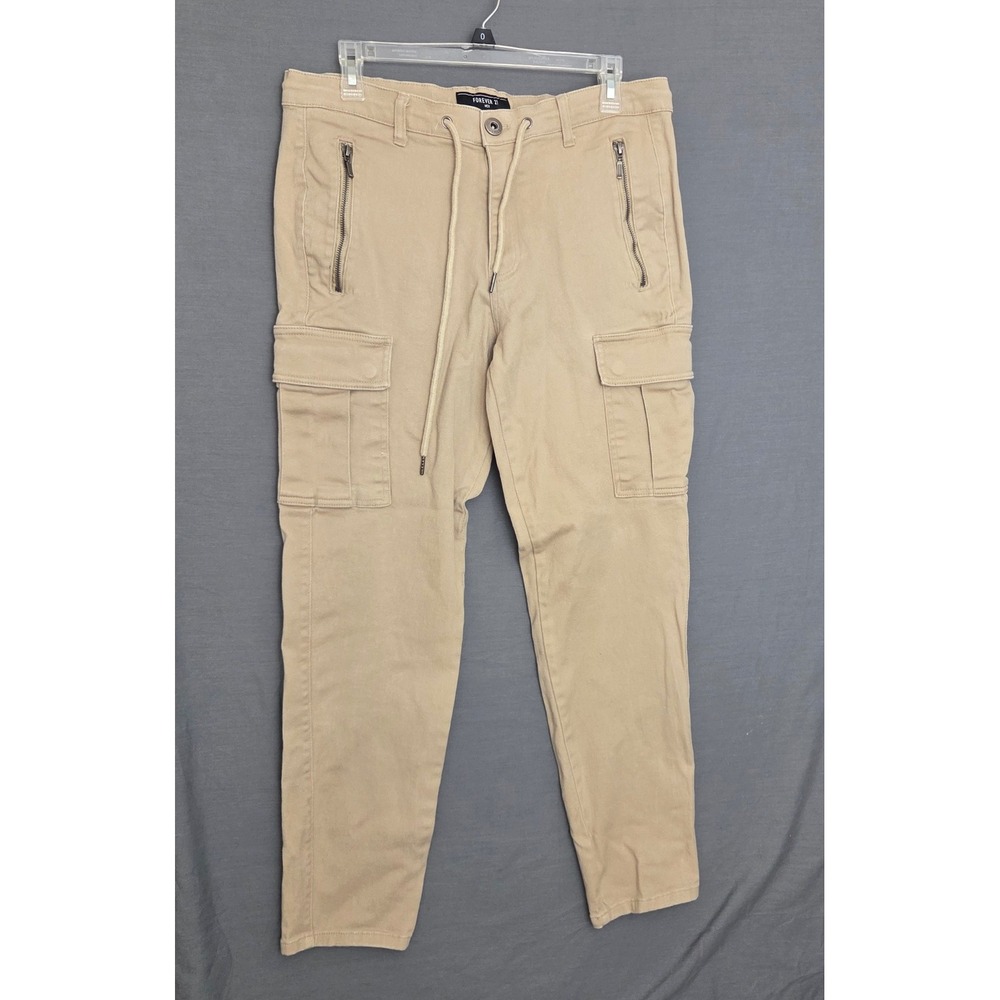 Forever 21 Men Tan Khaki Cargo Pants Drawstring Zipper Utility‎ Pockets Medium